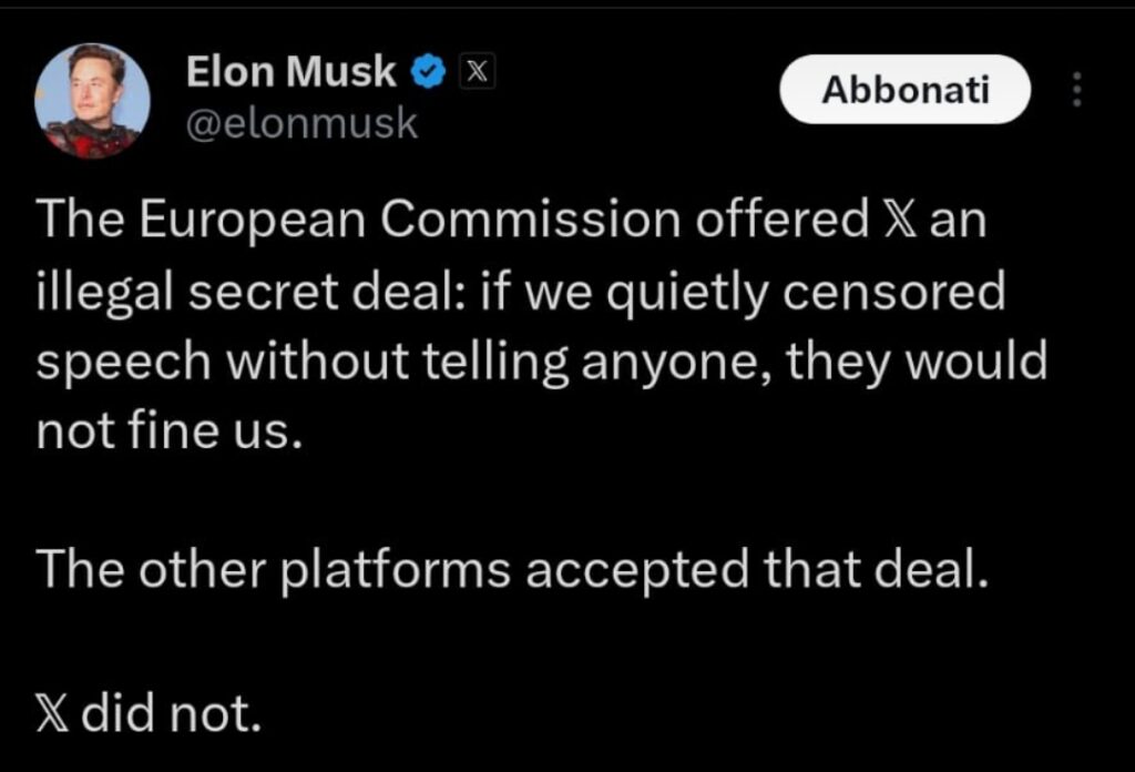 Musk accusa l’UE: “mi ha offerto accordi segreti per fare censura social” Futuro Prossimo